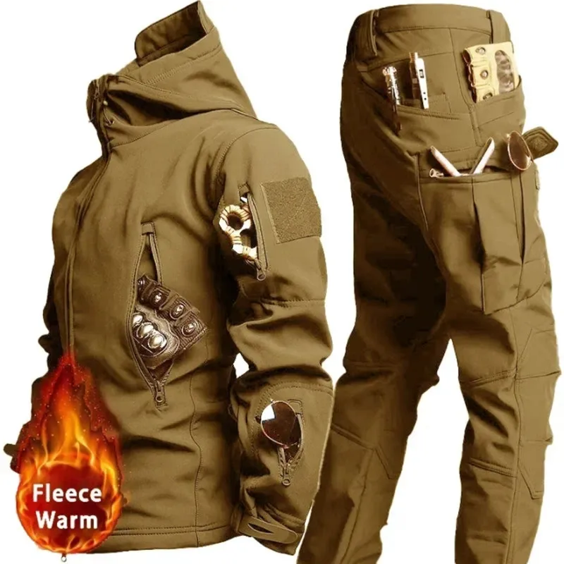 Sports Suit Shark Skin Material Soft Touch Shell Winter Plush Thickened Mountaineering Tactical Training Waterproof and Windproof