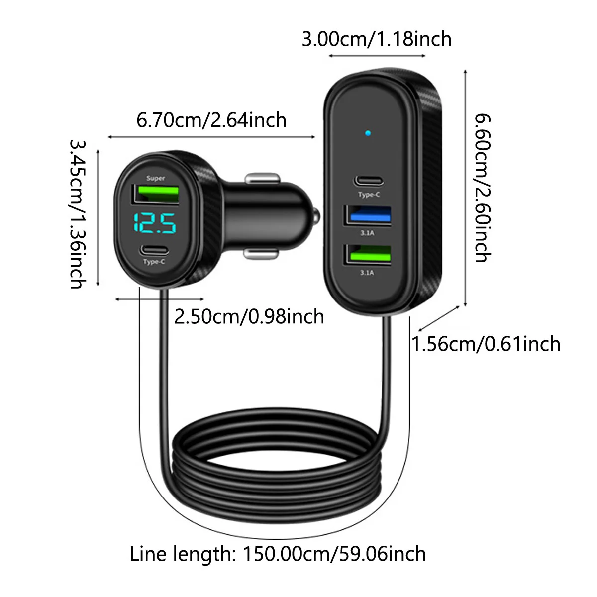 USB Car Charger Super Fast Charging Type C 3.1A Fast Charging Support Voltage Detection with 1.5M Extension Cable Phone Charger
