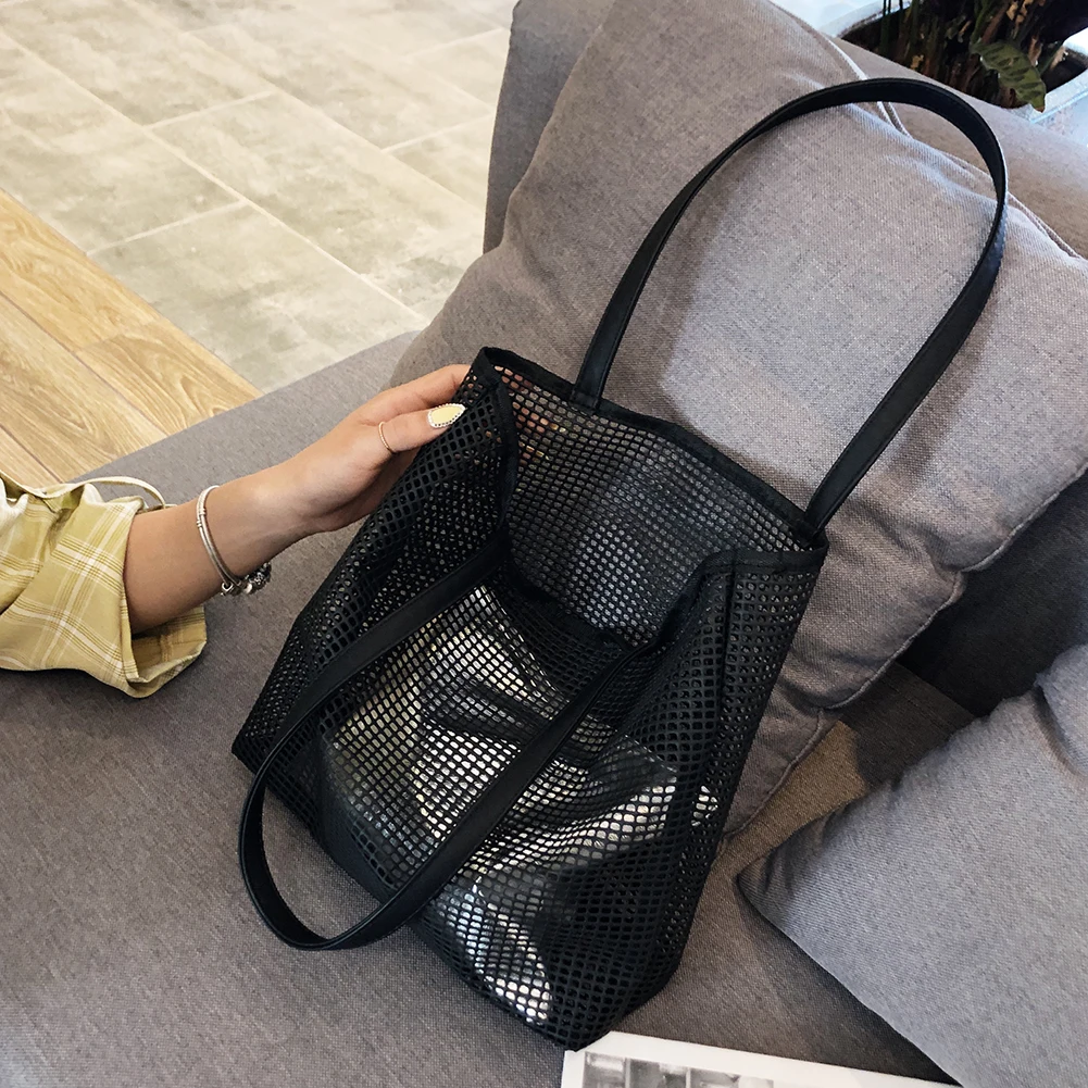 Women's Shoulder Handbags Large Capacity Shoulder Pack Beach Portable Mesh Bag Handbags Travel Bathing Pack Transparent Mesh Bag