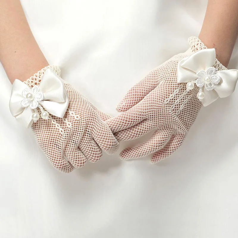 Children Girls Sweet Bowknot Mesh Gloves Wedding Flower Girls Mittens Kid Princess Birthday Party Flower Lace Gloves Accessories