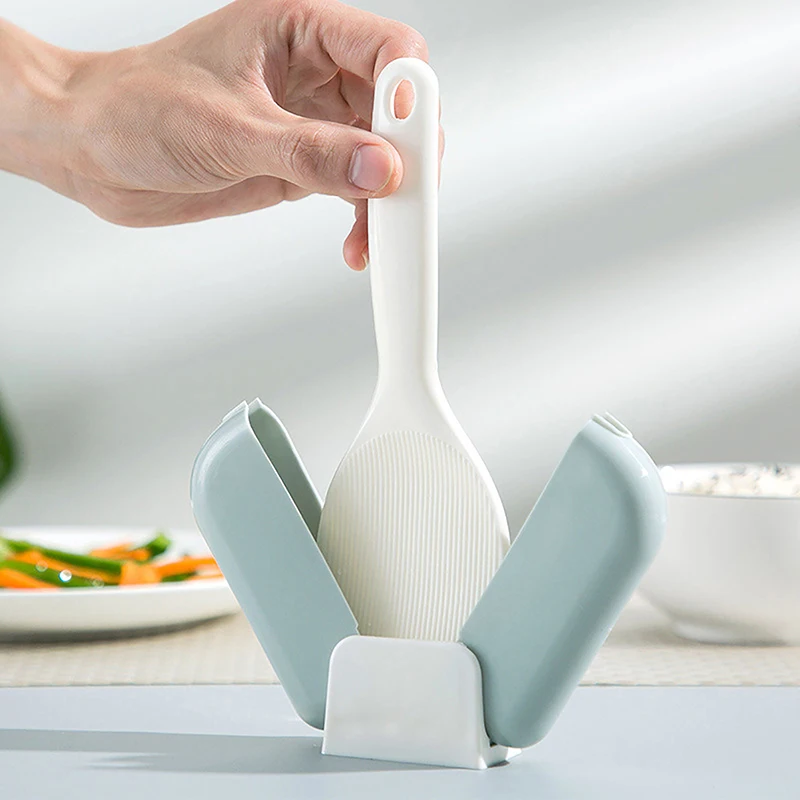 Plastic Rice Scoop Automatic Open Close Dust Cover Tableware Stand-up Rice Spoon Storage Rack Non-stick Home Kitchen Tools