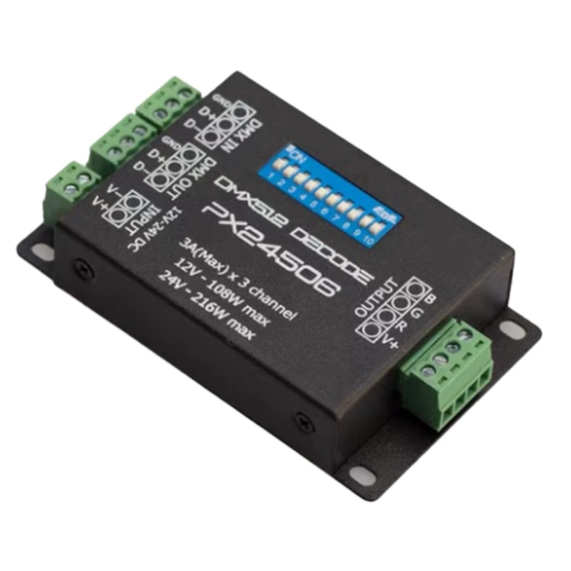 RGB LED 스트립 조명 컨트롤러, LED 디코더, DMX 512 디코더 드라이버, DMX 512 증폭기, PX24506, 9A, 12V, 24V