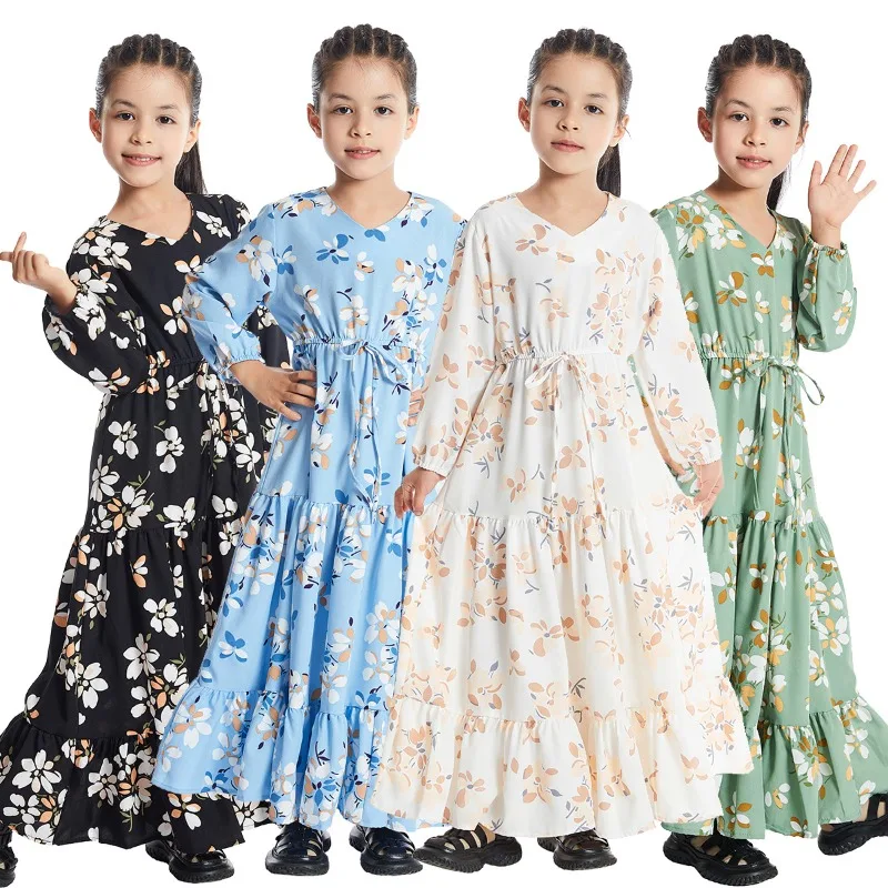 Bohemian Kids Girls Floral Dress V Neck Long-sleeved Tunic Maxi Dress Sweet Loose Comfortable Party Skirt Robe