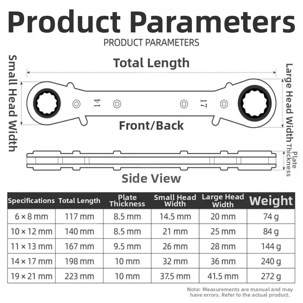 Fully Polished Ratchet Wrench Reversible Mechanism Metric Sizes Double Head Wrench Flat Design Ring End Dual-Purpose Wrench
