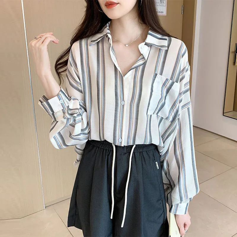 

Black Stripe Print Chiffon Shirt Long Sleeve Turn Down Collar Blouse 2023 Spring Summer Korean Style Fashion Elegant Clothing