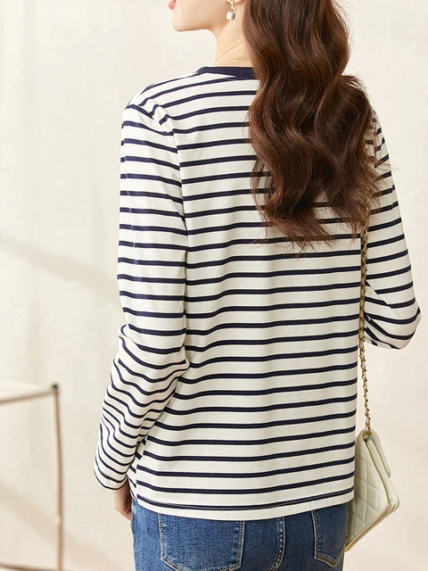 Vimly Striped T-shirt For Women Long Sleeve O-neck Cotton Autumn