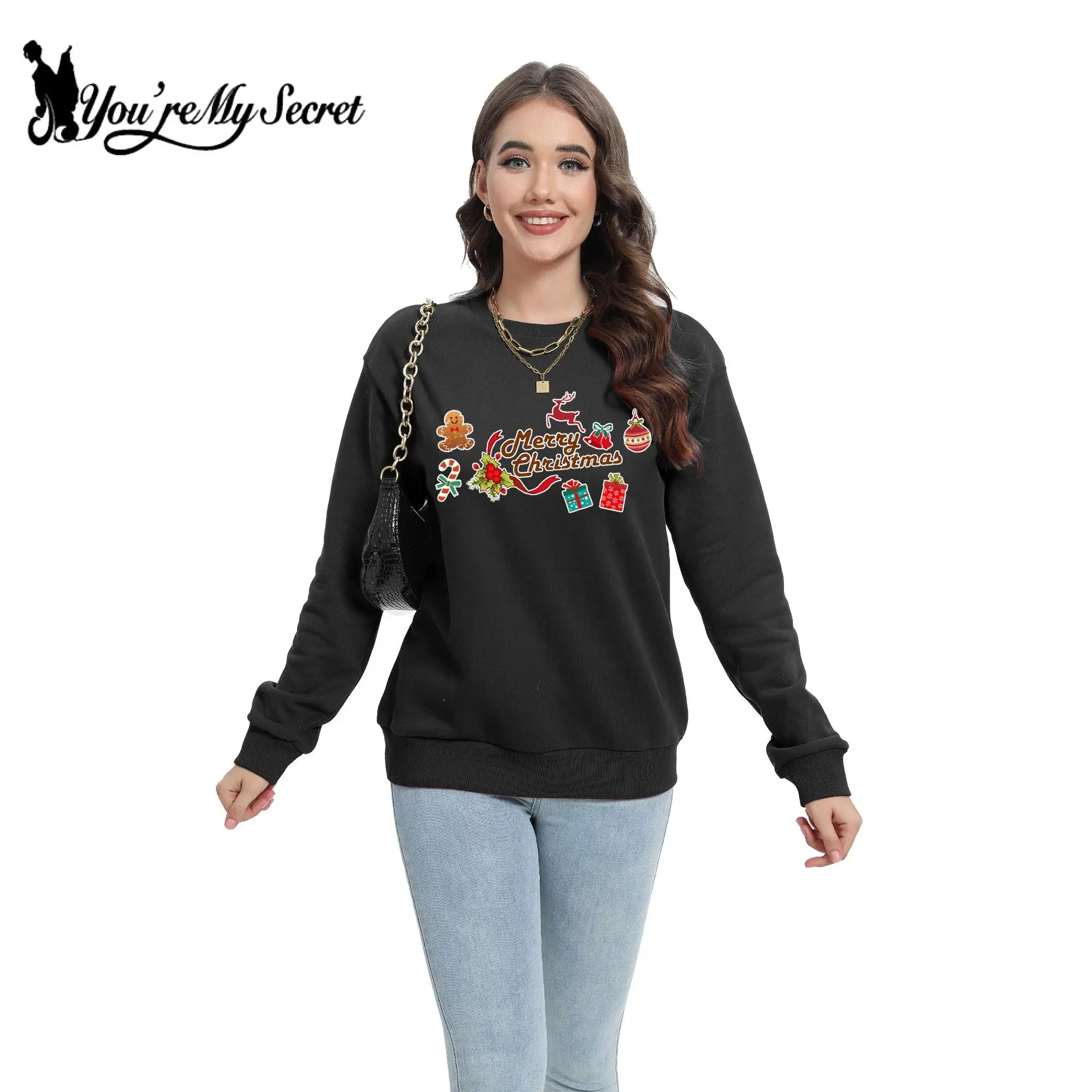 

[You're My Secret] Christmas Holiday Party Hoodies Women Long Sleeve Casual Fashion Print Pullover Warm Loose Hoody Clothes