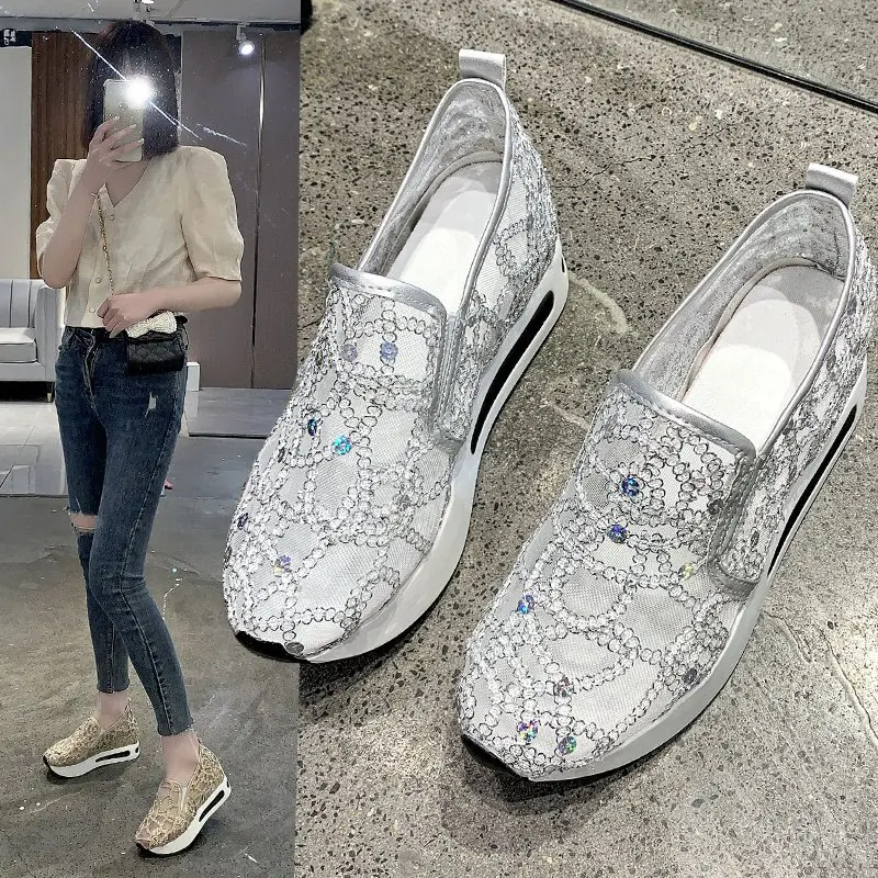 

New Fashion Sequins Mesh Casual Women's Sneakers Summer Inner Height-raising Student Shoes Breathable Comfortable Lazy Loafers