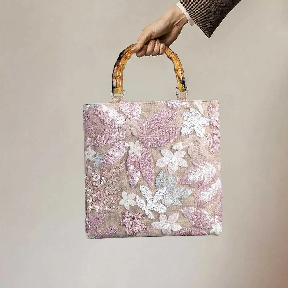 Floral Embroidery Sequin Tote Bag Bamboo Handle Bohemian Handbag Vintage Shopper Purse for Women Work Shopping Travel