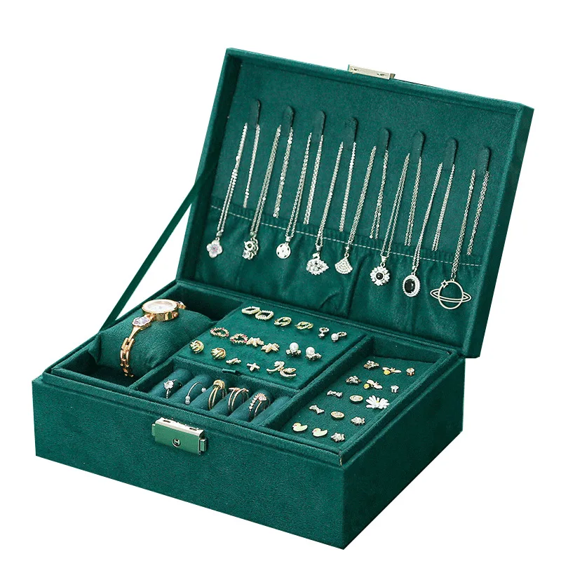 New vintage style velvet jewelry box double lock storage box necklace watch ear jewelry box large capacity