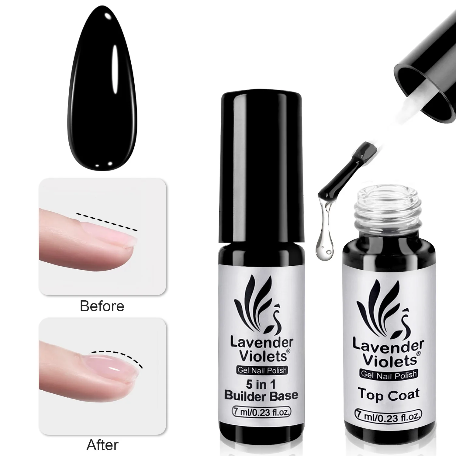 5 in 1 Builder Base Gel Nail Glue & No Wipe Top Coat 2pcs 7ml Long Lasting Soak Off Gel Nail Polish Art Design