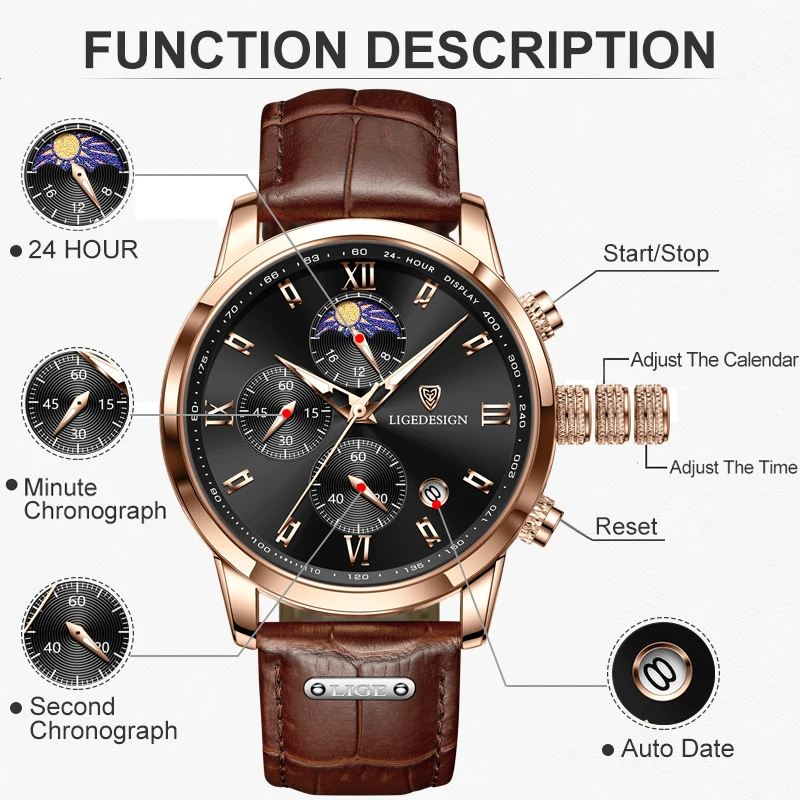 LIGE Mens Watches Top Brand Luxury Fashion Leather Waterproof Watch For Men Military Sport Quartz Chronograph Relogio Masculino