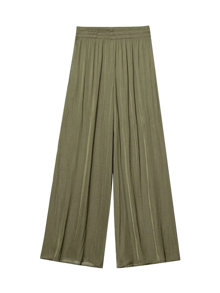 TFMLN New Women's High Waist Wide Leg Pants Fashion Elastic Waist Long Straight Trousers Lady Casual Solid Pocket Pants Summer