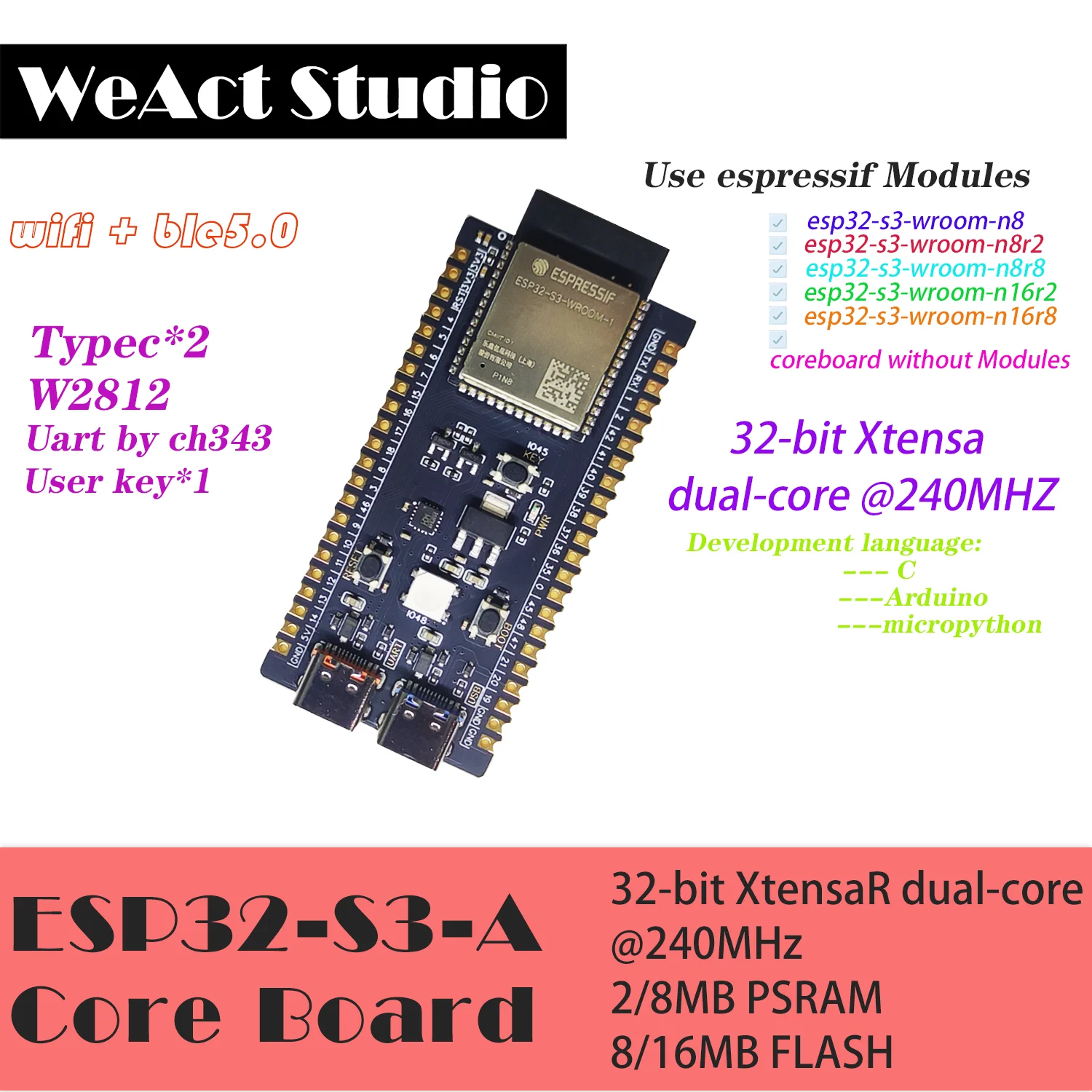 Wi-fi Compatível com Bluetooth Ble 5.0 Mesh Development Board Módulo sem Fio Micropython Esp32-s3-devkitc1 Esp32-s3