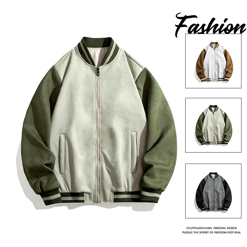 Men Faux Suede Bomber Jacket Spring Autumn Baseball Clothes Stand Collar Coat Hip Hop Street Style Couple Vintage Trendy Style