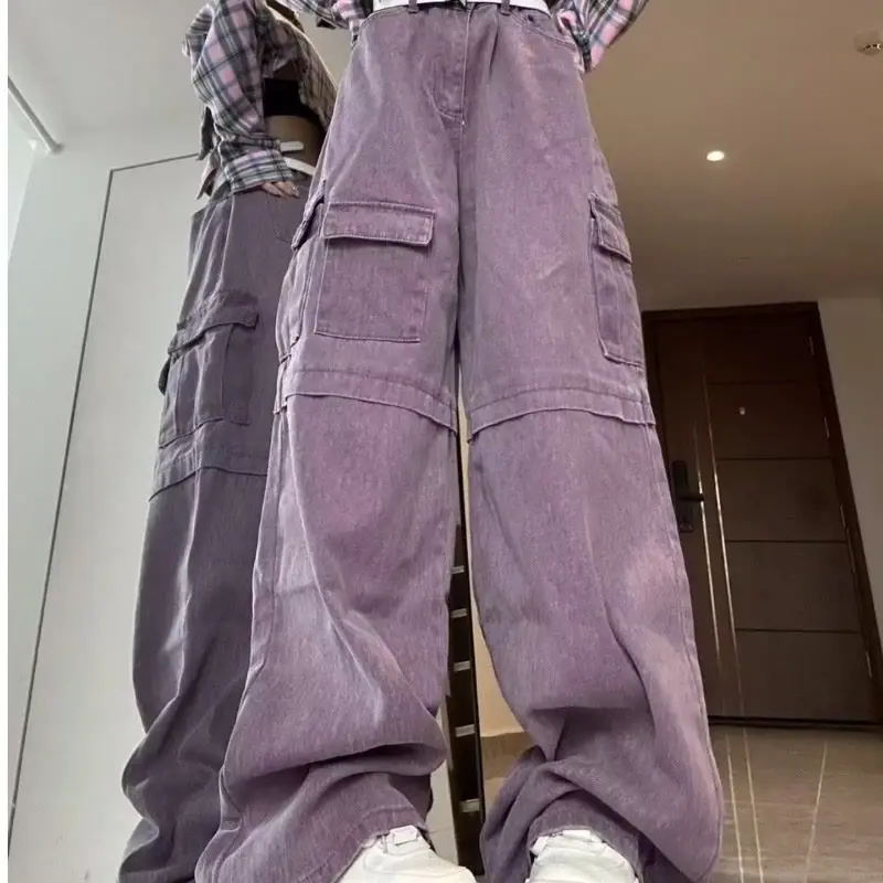 

Purple Vintage Pockets Baggy Cargo Jeans Y2K Streetwear Harajuku High Waist Wide Leg Pants Denim Trousers Alt Clothes Free Ship