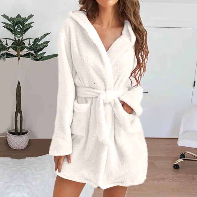103668-bfc564.jpg Hiver femmes Robe de bain moelleux en peluche pyjamas dames Sexy à capuche Robe de couleur unie chaud peignoir femme vêtements de détente