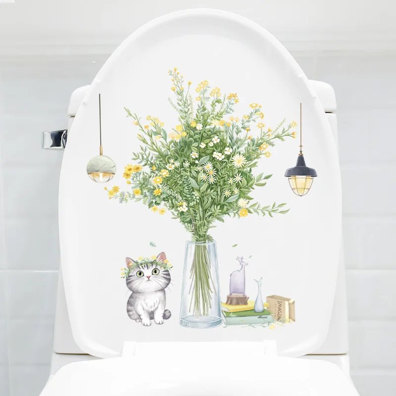 Toilet Sticker Leaf Flowers Decorative Wall Stickers Self-adhesive Wallpaper WC Living Room Cabinet Home Decoration Decals