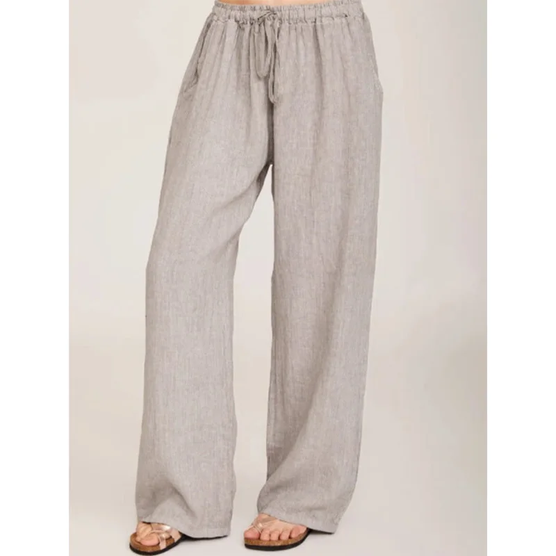 Spring Summer Drawstring Solid Color Loose-fitting Trousers Casual Cotton Linen Patchwork Pockets Shirring Womens Wide Leg Pants