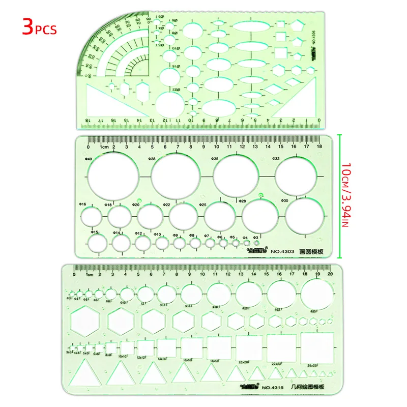 Circle Template Measurement Geometry Ruler Geometric Drawing Template Ruler Scale Drawing Shape Office and School Building 3PCS