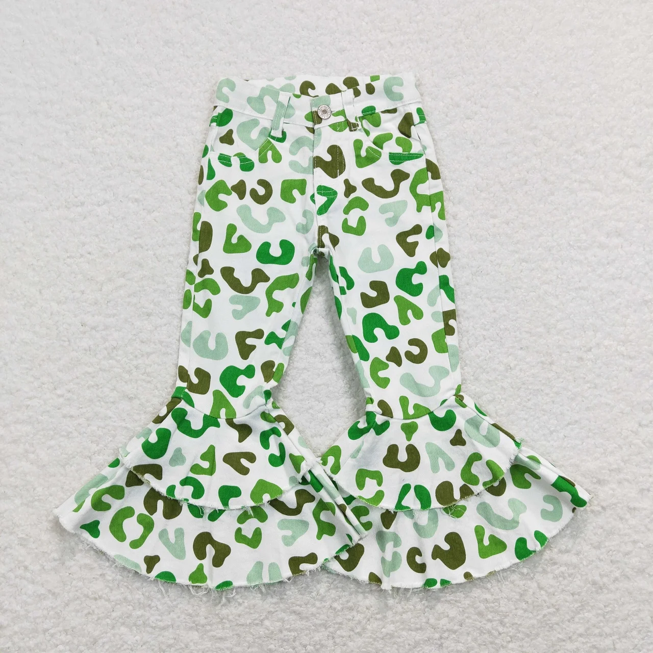 

Wholesale St. Patrick's Day Kids Infant Pocket Clothes Toddler Zipper Bell Pants Baby Girl Children Green Leopard Denim Jeans