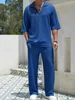 2025 New Spring summer Men's retro casual suit collar solid color half-sleeved shirt loose drawstring pants Two-piece beach Suit 6