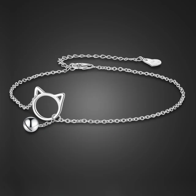 925 Sterling Silver Cat Anklet Bracelet Cute Kitten Bell Charm Foot Chain Jewelry Trendy Daily/Beach Gift Ideal Present