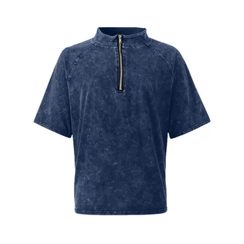 Polo da Uomo Vintage in Cotone Lavato a Maniche Corte con Colletto Rialzato, Casual, Tinta Unita, Vestibilità Ampia, Traspirante, Stile Streetwear