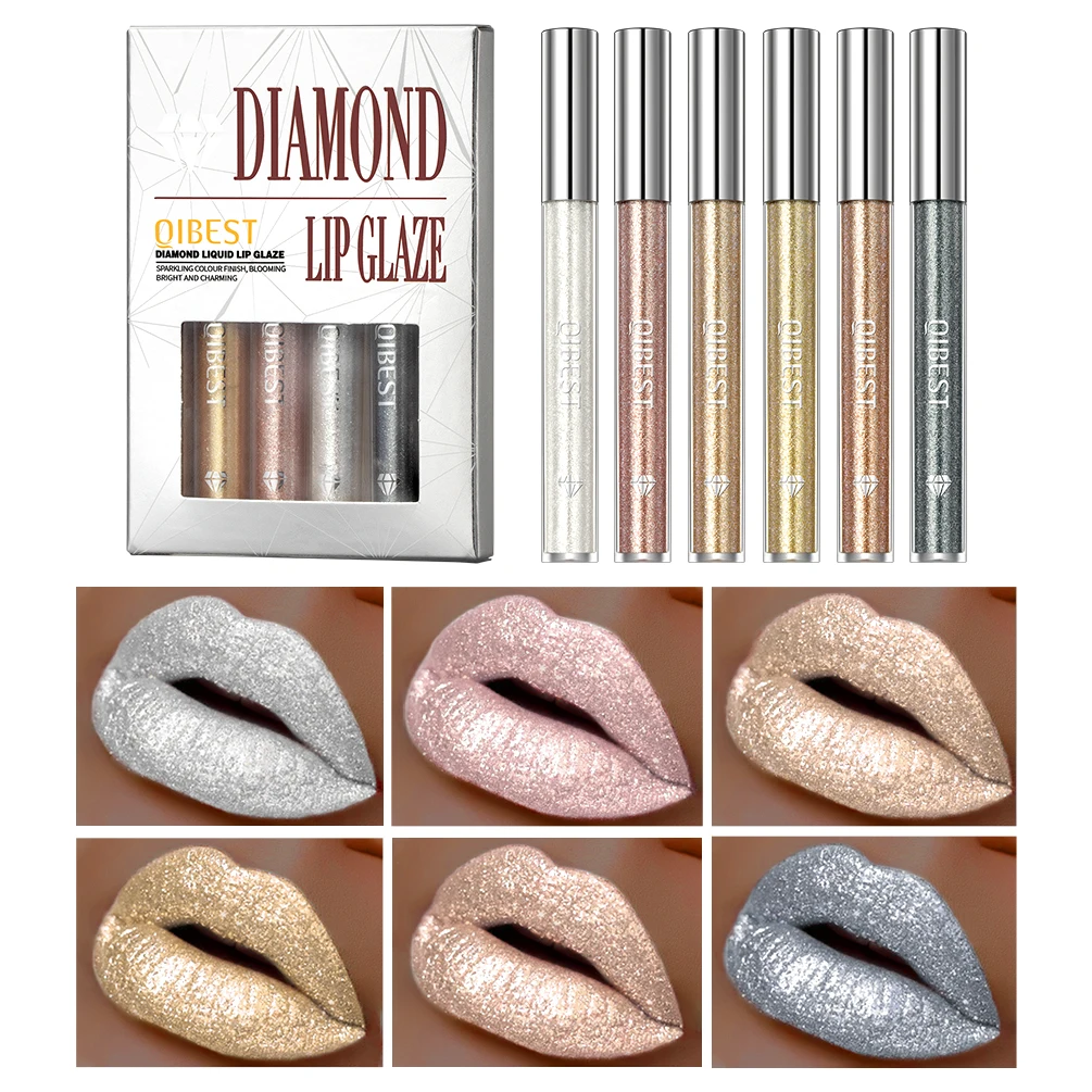 QIBEST Metallic Glitter Liquid Lipstick Makeup Set Waterproof Lip Gloss Long-lasting Shimmer Metal Lip GlazeTint Charming 6Color