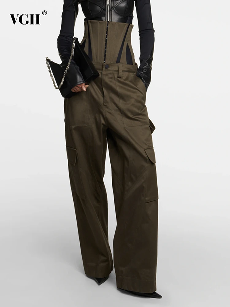 

VGH Patchwork Detachable Belt Solid Wide Leg Pants For Women High Waist Casual Loose Cargo Tousers Female Fashion Clothing New