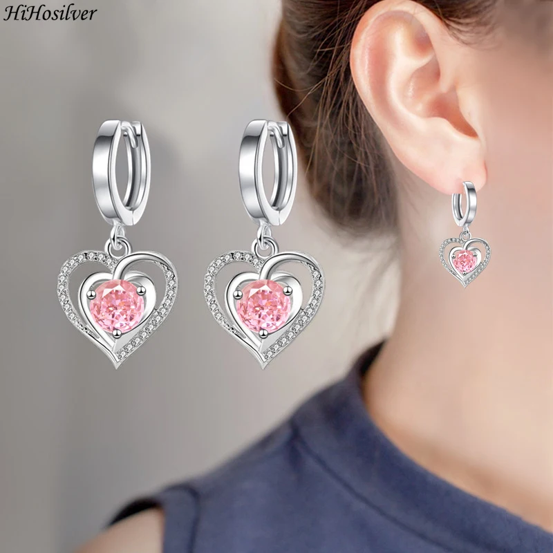 

HiHosilver 925 Silver Needle New Women's Fashion High-quality Jewelry Heart Crystal Zircon Drop Earrings HS0203