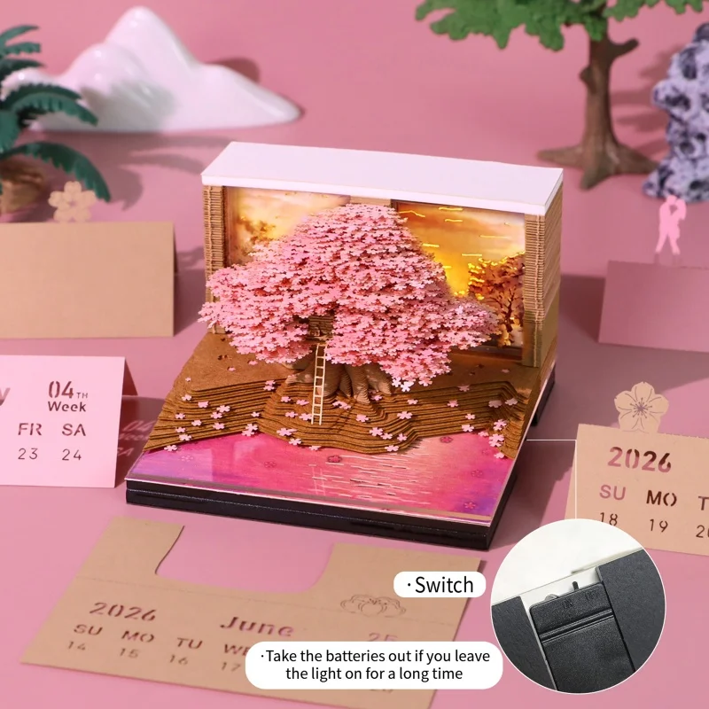 【W】타임피스 캘린더 2026 LED 조명이 있는 데스크 캘린더 3D 떼어내는 캘린더 종이 조각 예술 메모장 메모패드 선물 크리스마스