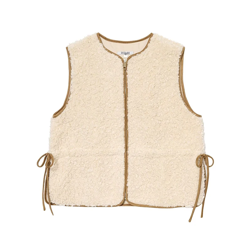 Chic Fashion Lamb Fleece Vest Woman Adjustable Waist Tied Vests For Women Sleeveless Jacket Zipper Waistcoat Vintage Crop Top ﻿