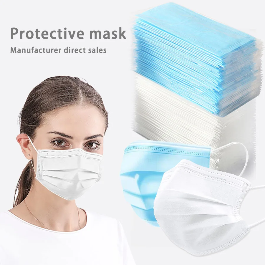 50/100 pièces masque jetable pour visage bleu blanc adulte masque usine en gros 3 couches fondu Non-tissé respirant masque facial