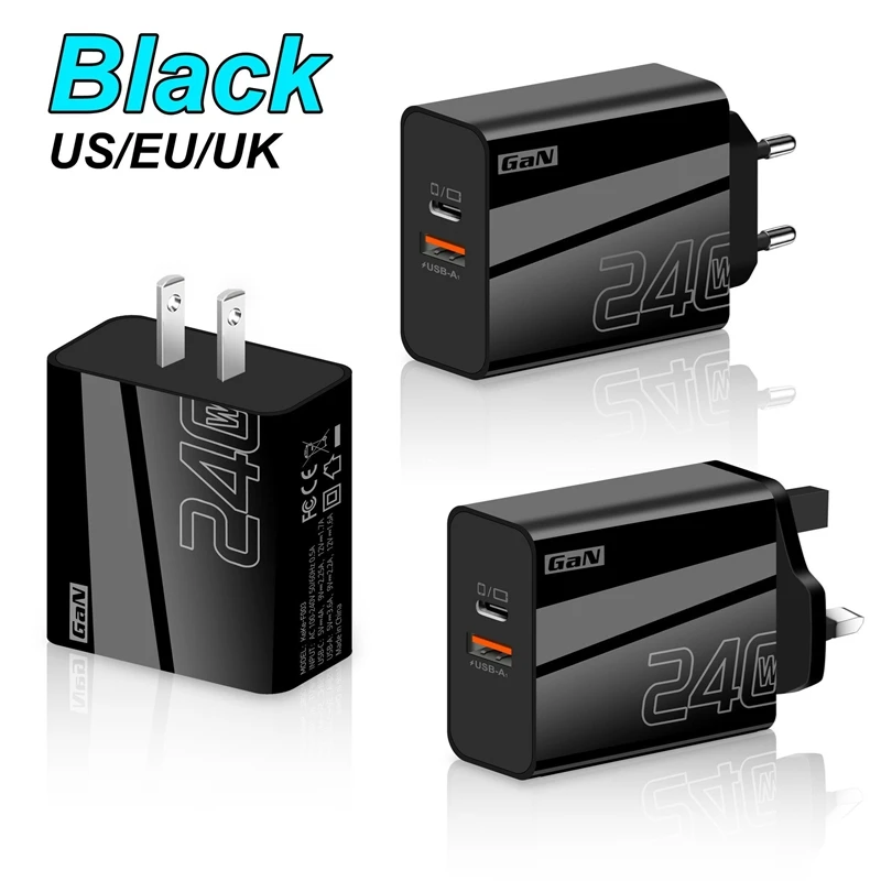Ultra Quick 240W Dual-Port USB PD Wall Charger with EU/US/UK Plug
