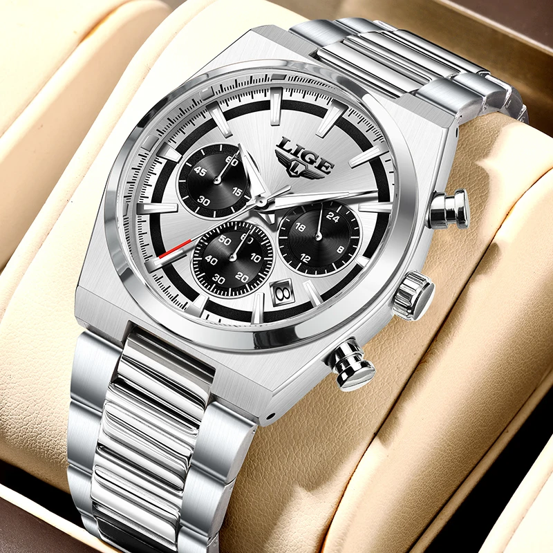 LIGE Men's Waterproof Luminous Quartz Chronograph Sport Watch with Gift Box