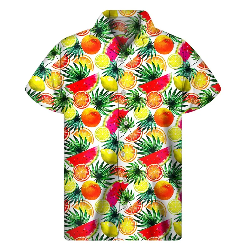 

Рубашка мужская с рисунком манго, банана, ананаса, 3D-принтом, Гавайские рубашки с фруктами, летняя пляжная блузка с коротким рукавом, пуговицами, лацканами, Aloha