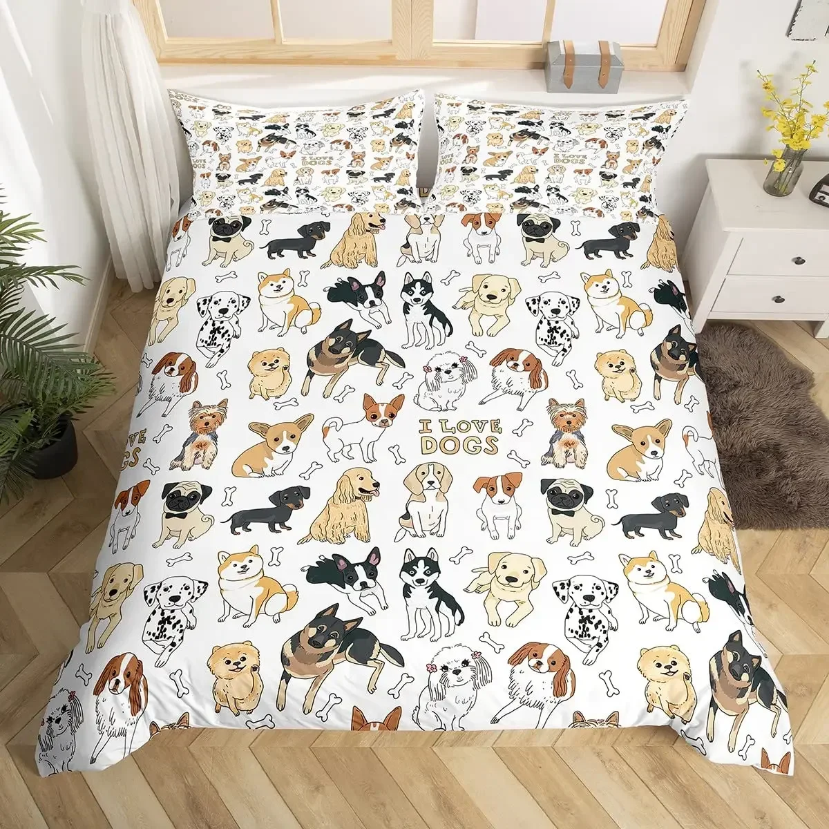 Kids Cute Dog Bedding Set Bedclothes Cartoon Dogs Comforter Cover for Boys Girls Children Pet Puppy Animal Polyester Duvet Cover