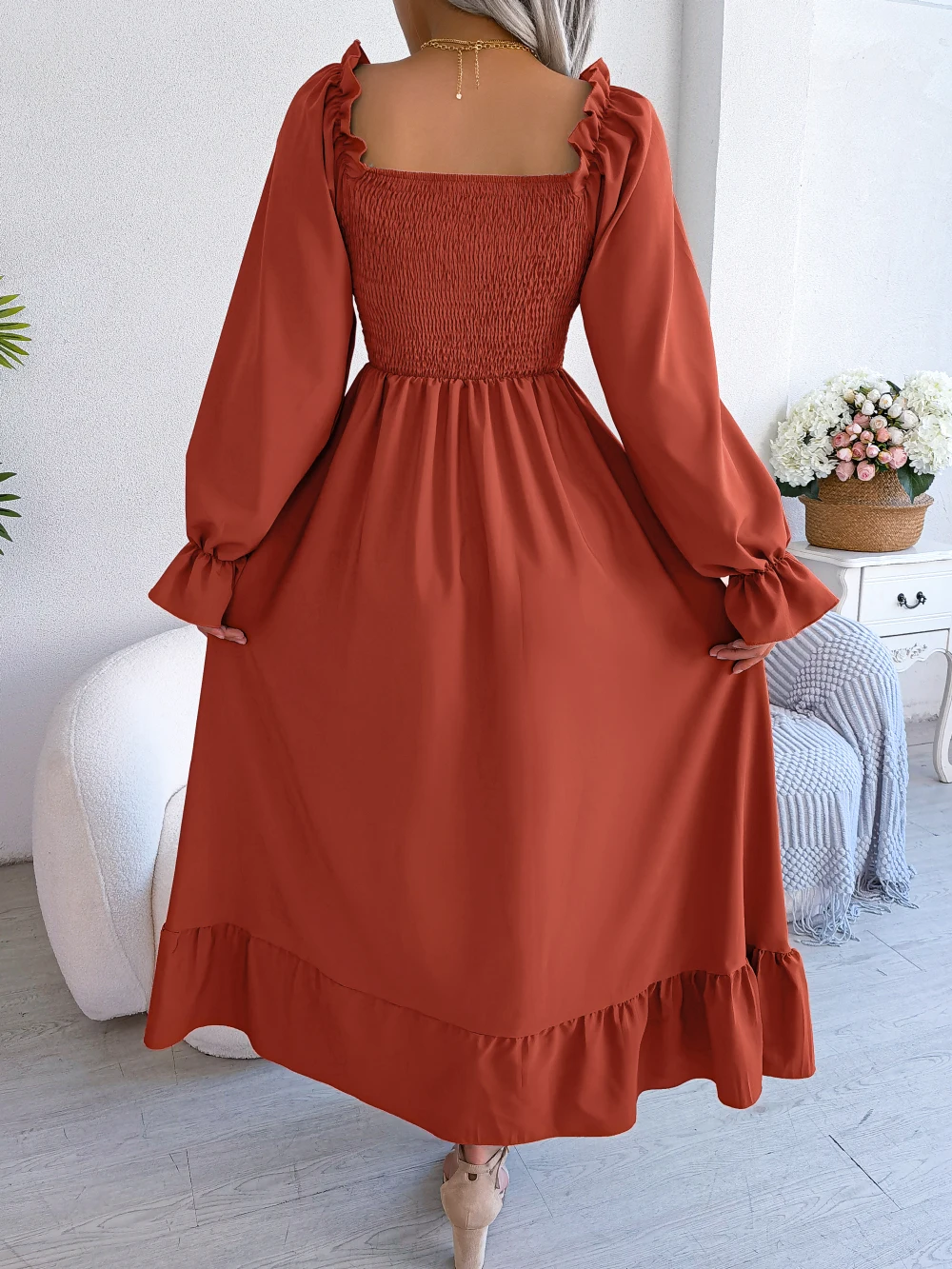 Autumn Casual Women Long Sleeve Ruffled Dress