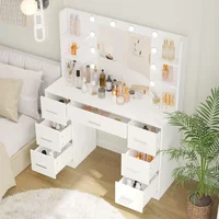 Vanity Desk, Makeup Vanity with 10 LED Lights & 7 Metal Sliding Drawers, Brightness Adjustable, Vanity Table with 6 Open Shelves 2