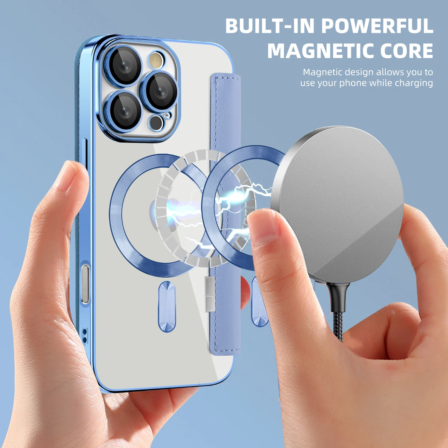 Premium Flip Magnetic Leather Case with Wireless Charging and Transparent Card Wallet Cover