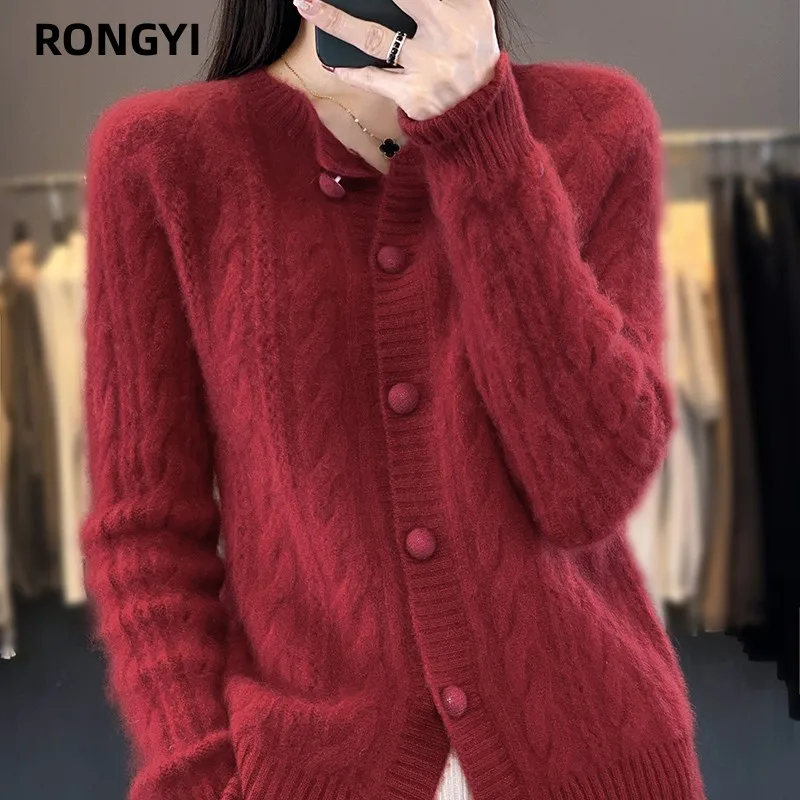 RONGYI 100% 울 캐시미어 가디건, 라지 사이즈 트위스트 코트, 하이엔드 니트웨어, 스웨터 셔츠, 루즈한 여성 두꺼운 상의, 가을 겨울 신상