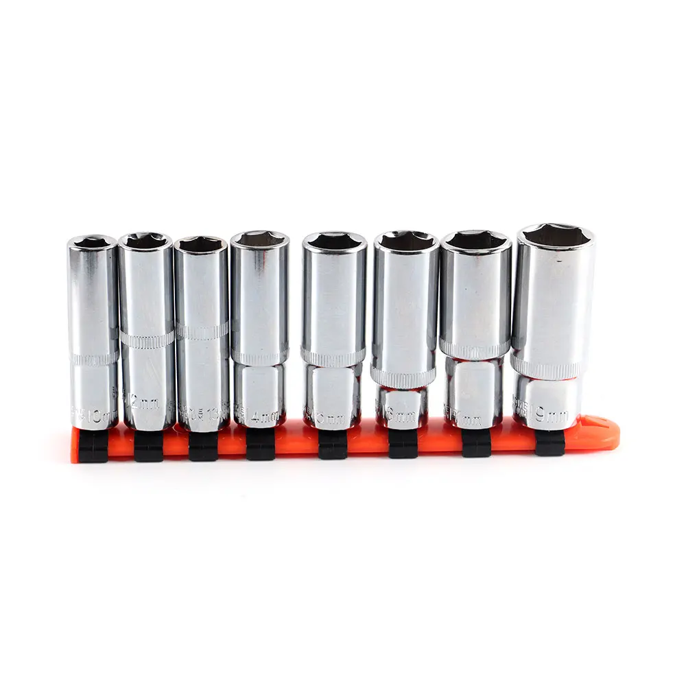 3/8 Inch Drive Long Socket Set 10-19mm 8Pcs Chromium Plated with Socket Holder for Improvement Car Repair 4
