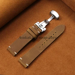 Calfskin Genuine Leather Retro Watch Band with Butterfly Buckle Strap - 22mm (Light Brown)