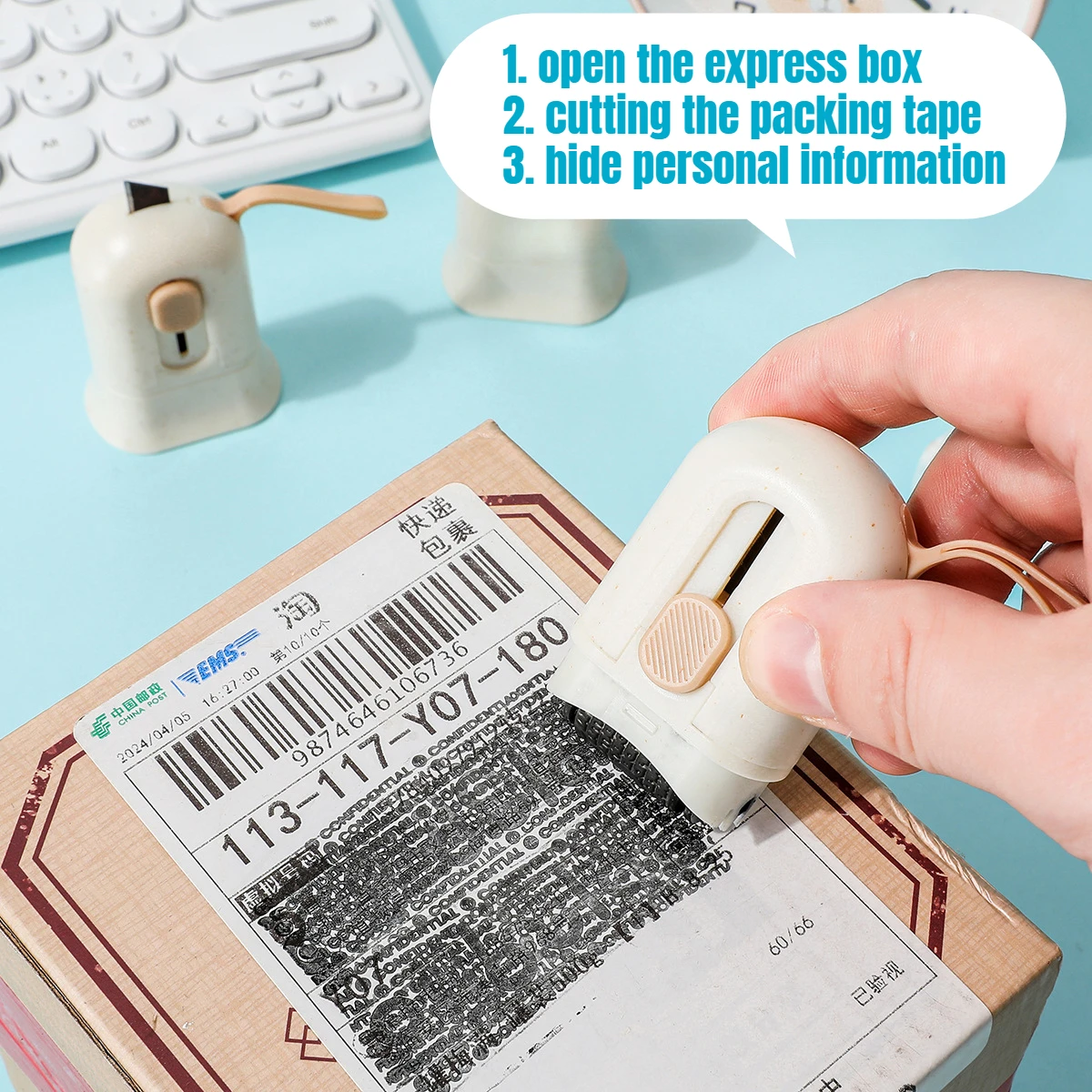 1Pc Multi-function Mini Knife Express Box Opener Packing Tape Cutter Recipient Information Privacy Protector Black Roller Stamp