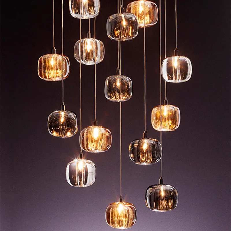 

Luxury Led Staircase Chandelier Modern Home Decor Indoor Lighting Fixture Creative Amber/Smoky Grey/Clear Crystal Hanging Lamp