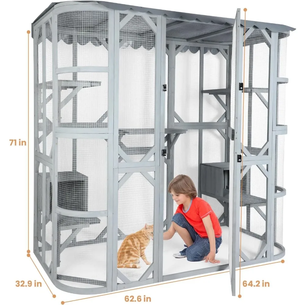 Outdoor Cat House with Weatherproof Roof，Large Catio Cat Enclosure for Multiple Cats Life Walks in Cage & Run