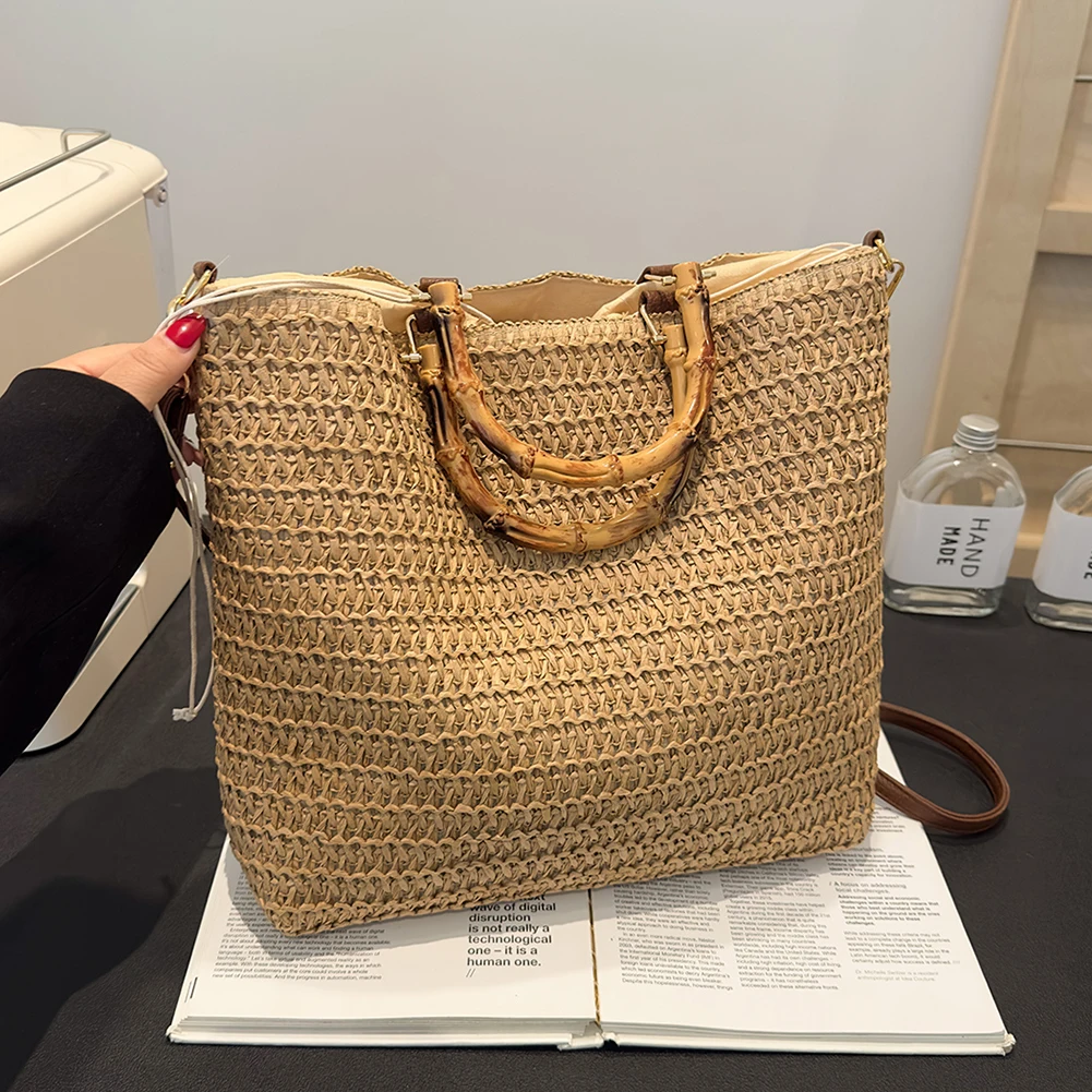 Women Straw Woven Handbag Summer Beach Bags Large Capacity Handmade Straw Bag with Bamboo Handle Drawstring for Outdoor Travel