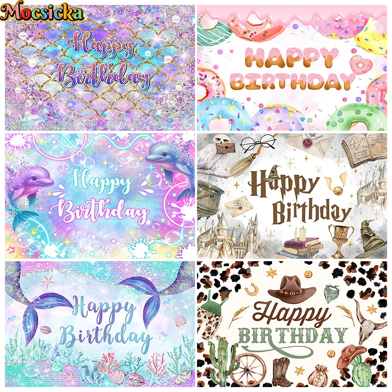 

Mocsicka Happy Birthday Photography Background Newborn Baby Birthday Party Cake Smash Decor Glitter Cartoon Animals Photo Studio
