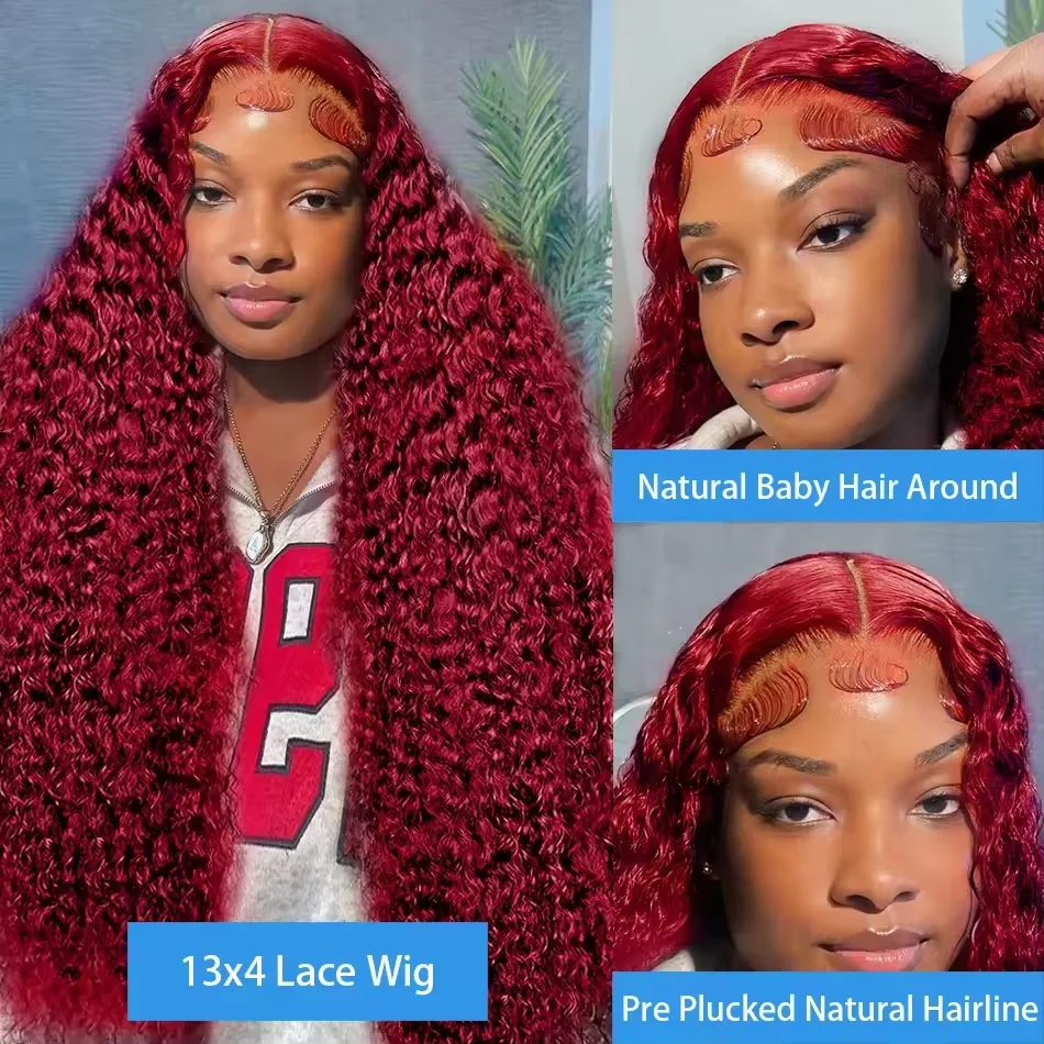 99J Deep Wave Burgundy 13x6 HD Lace Frontal Wig Water Wave 13x4 Red Remy Curly Human Hair Wig Pre Plucked Burmese Colored Hair 3